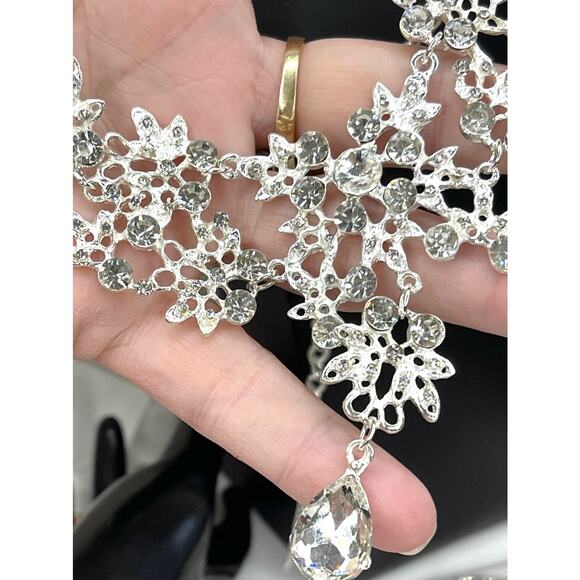 Statement Necklace & Earrings Matching Set Clear Silver Jewelry S26 - Picture 5 of 5